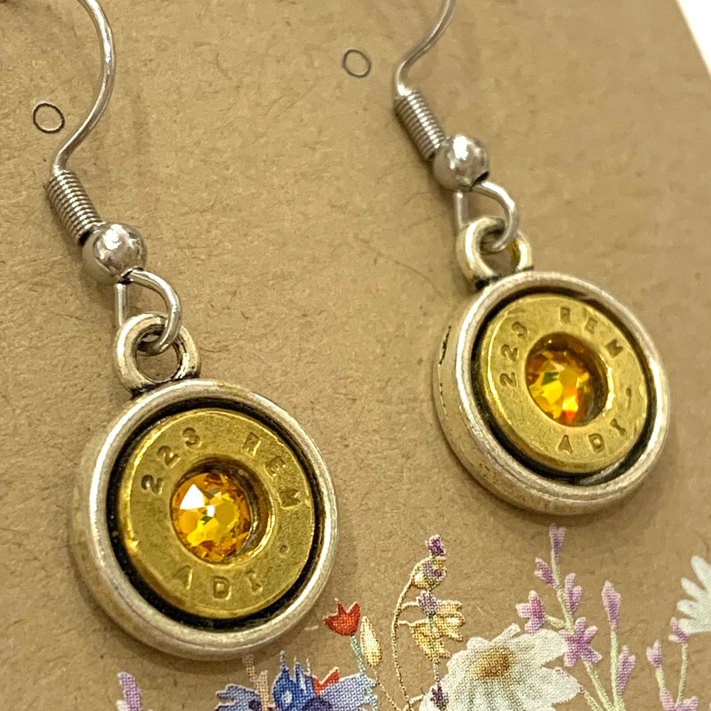 WILD BRASS- Round Drops- Amber Yellow Swarovski Crystal