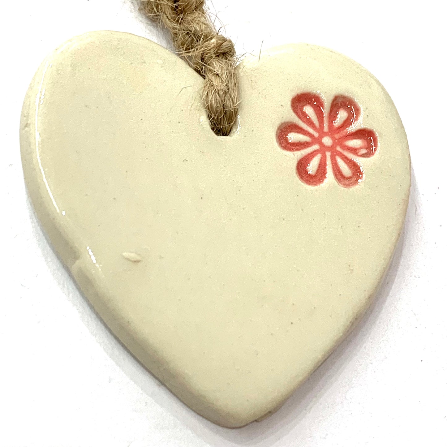 EARTH BY HAND- Clay Heart Decorations- Stamped Flower & Two Beads