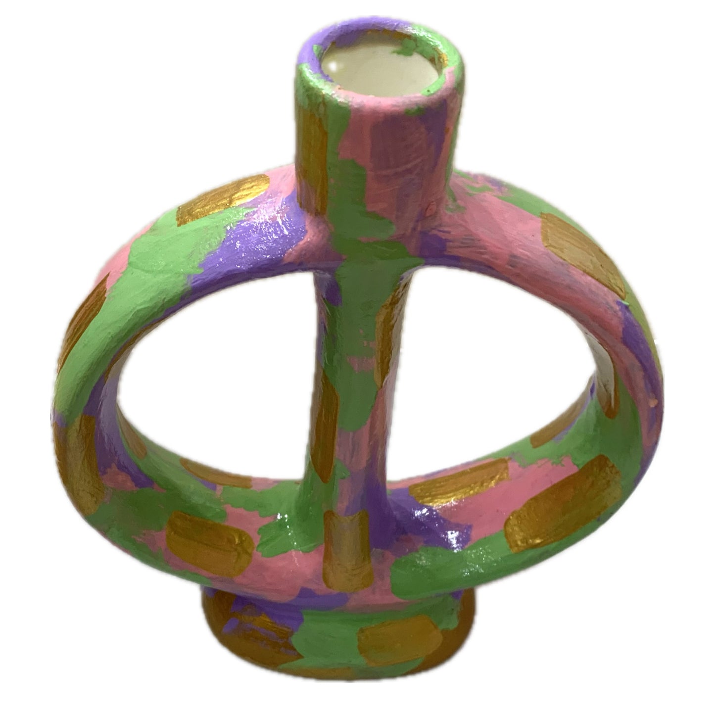 THIS BIRD HAS FLOWN - Intersected Candle Holder- Pink, Green, Lavender & Gold Abstract- Candle Included