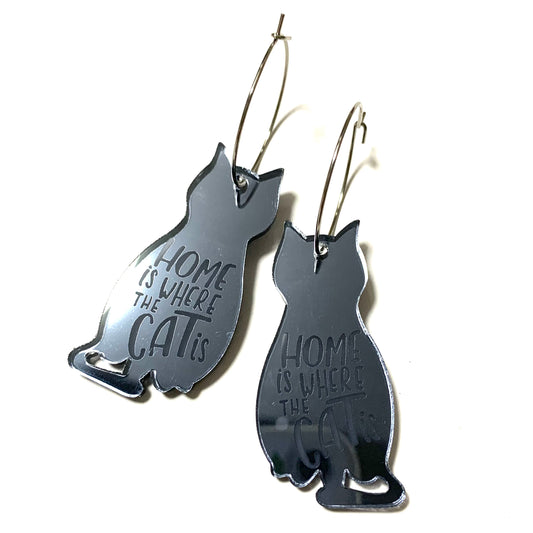 MAKIN' WHOOPEE - "Home is Where the Cat Is"- Hoop Dangles- Smokey Grey Mirror