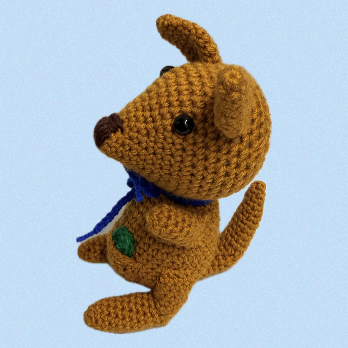 BEAKNITS- Crochet Kangaroo- Blue Bow with Gum Leaf