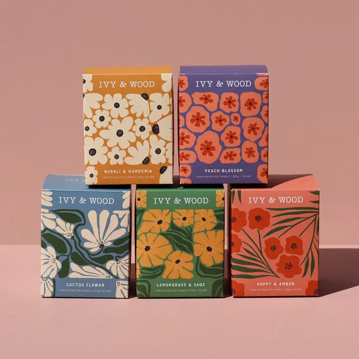 IVY & WOOD - Poppy & Amber Scented Candle- Flora Collection