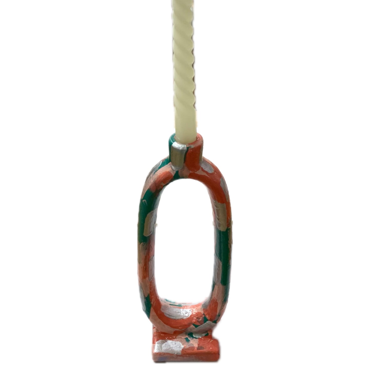THIS BIRD HAS FLOWN - Tall Candle Holder- Peach, Green & Silver Abstract- Candle Included