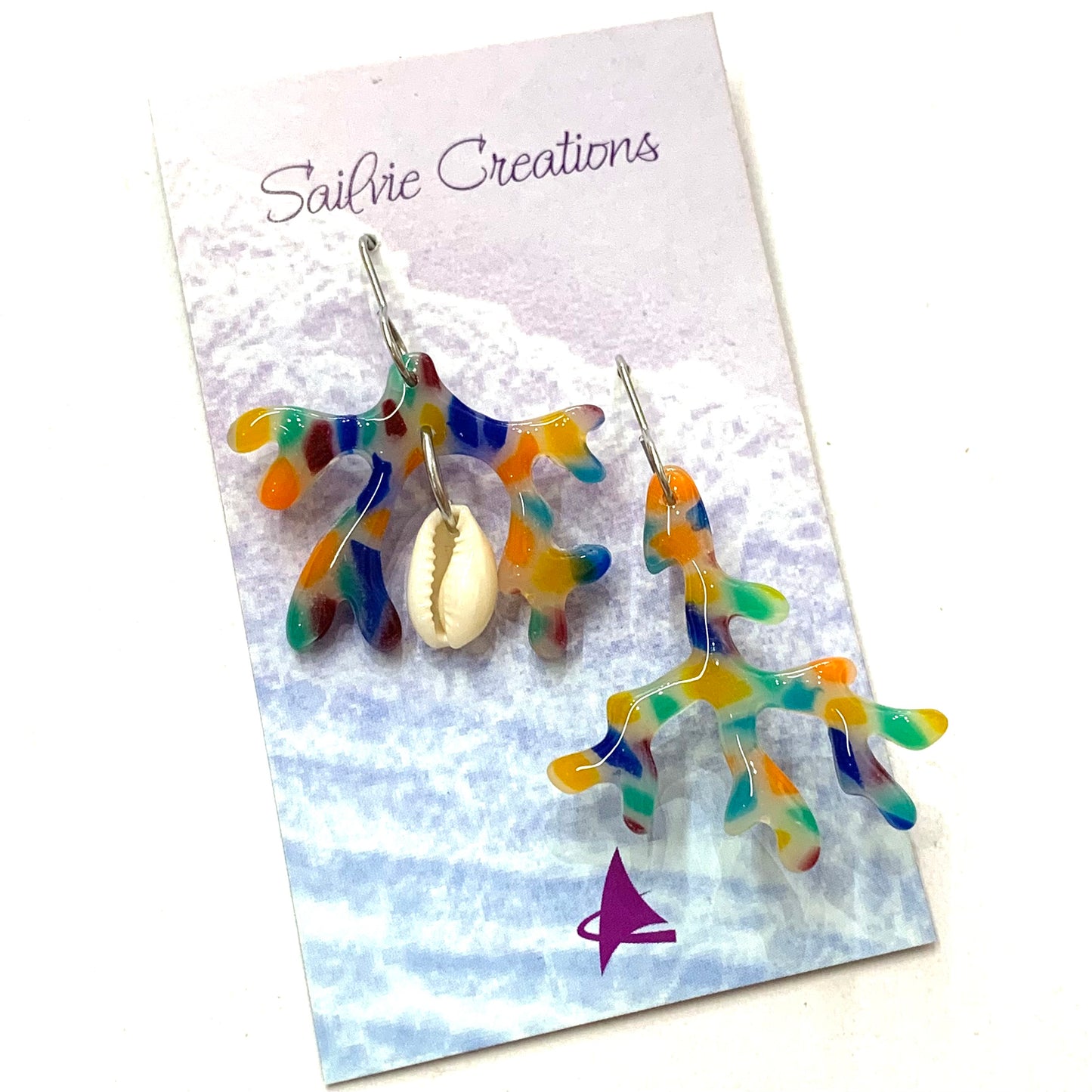 Sailvie Creations - Rainbow Coral with Shell Hook Dangle Earrings