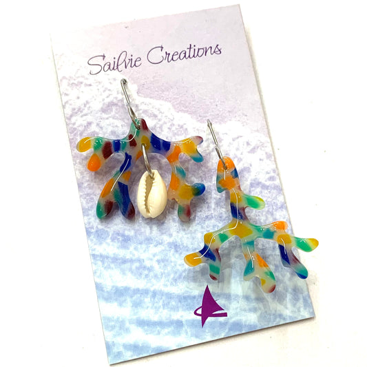 Sailvie Creations - Rainbow Coral with Shell Hook Dangle Earrings