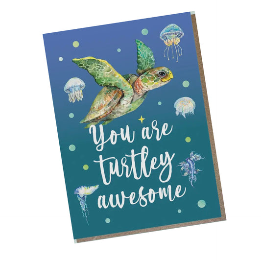 WATERCOLOURS BY CAT- Turtley Awesome Greeting Card- Turtle & Jellyfish