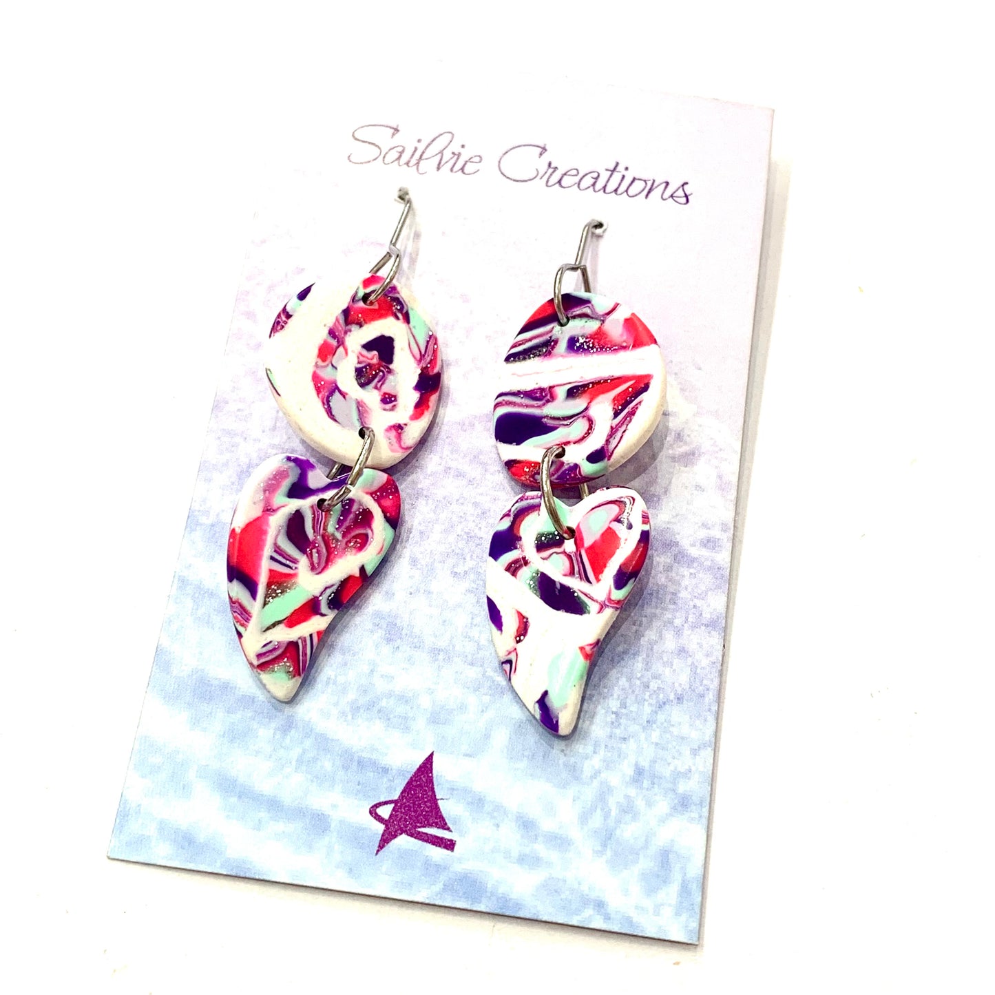 Sailvie Creations - Kaleidoscope Heart Double Hook Dangle Earrings