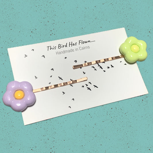 THIS BIRD HAS FLOWN - "Flower Power Hairclips"- Purple & Green