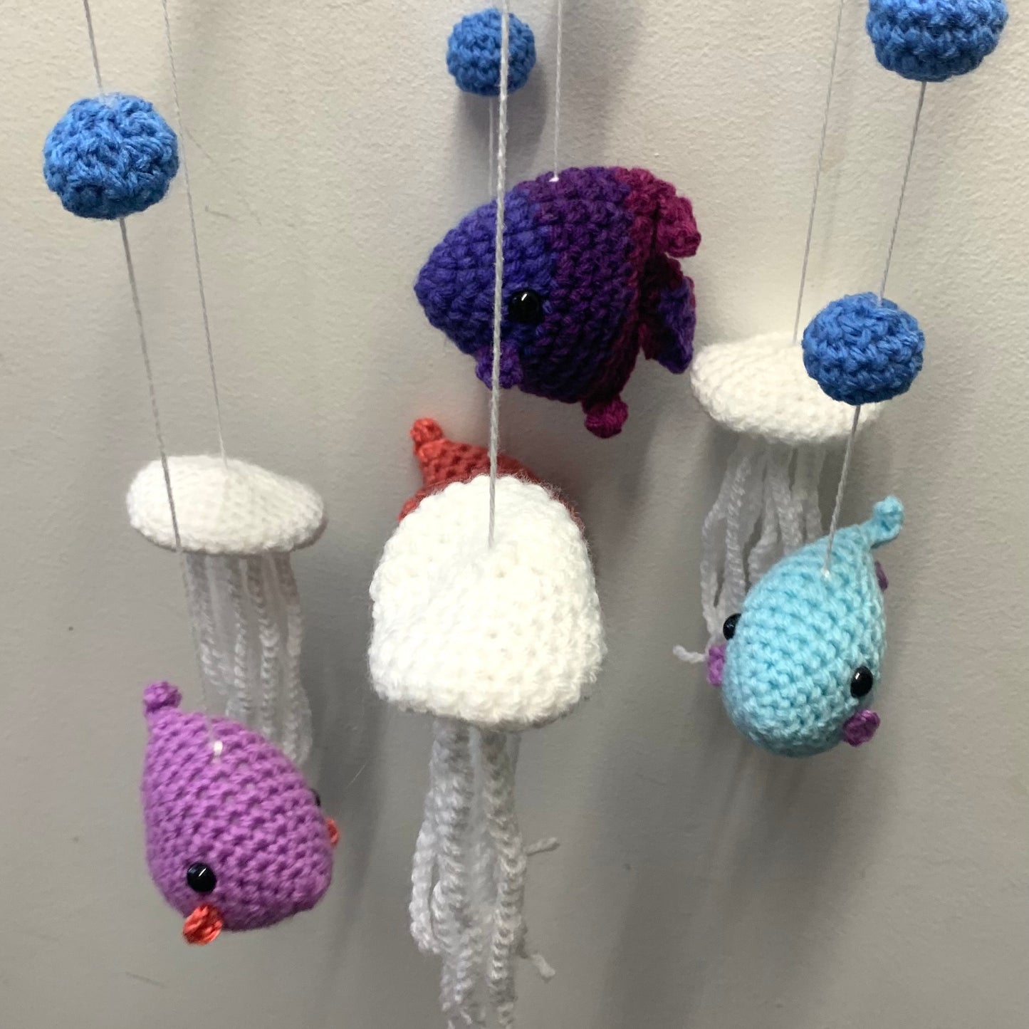 BEAKNITS- CROCHETED UNDER THE SEA MOBILE #3- White Ring & Purple Fish