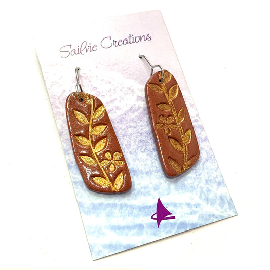 Sailvie Creations - Printed Terracotta & Gold Hook Dangle Earrings