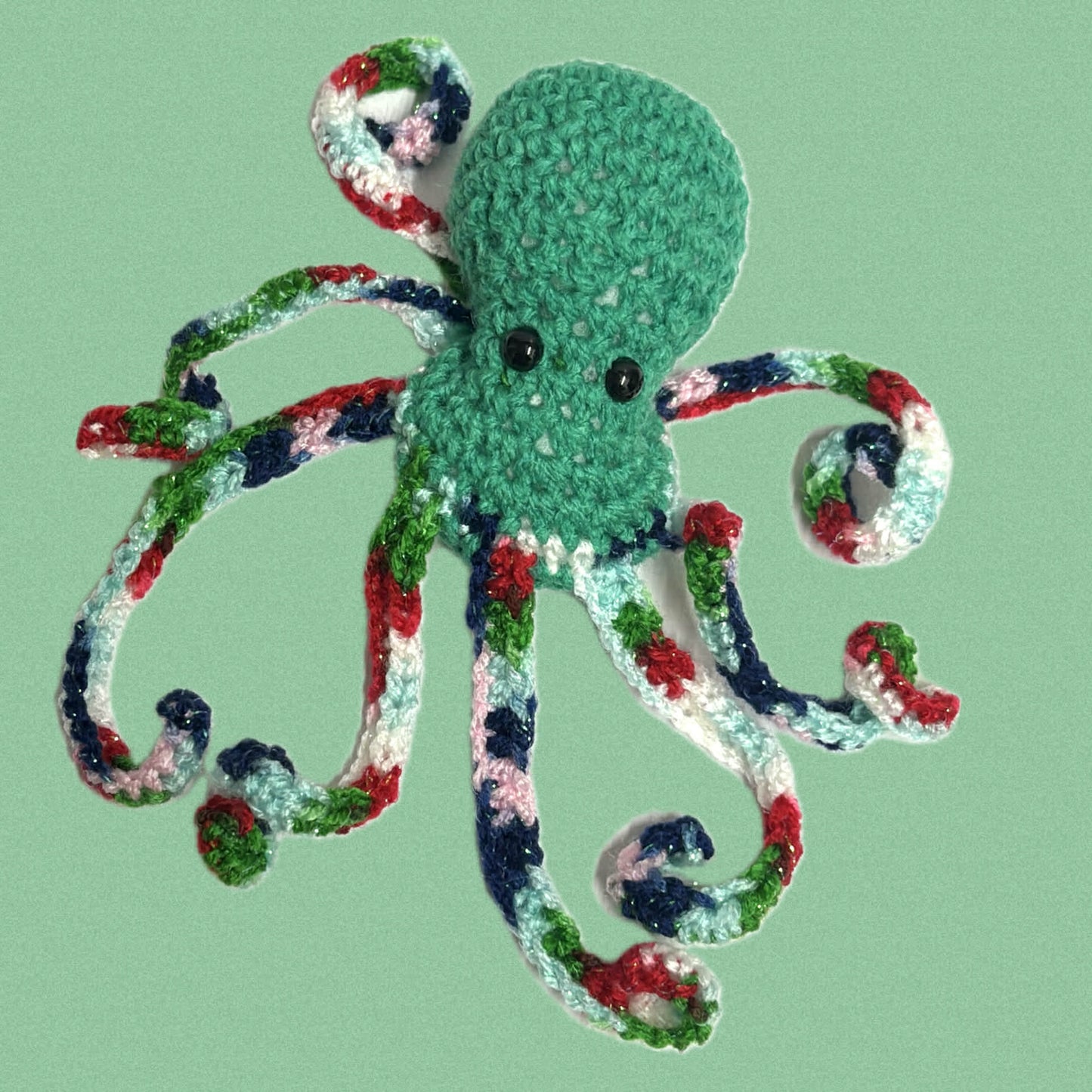 BEAKNITS- CHRISTMAS CROCHETED OCTOPUS - Glittery Red, White and Green, green head