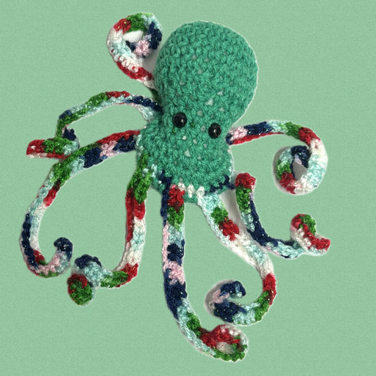 BEAKNITS- CHRISTMAS CROCHETED OCTOPUS - Glittery Red, White and Green, green head