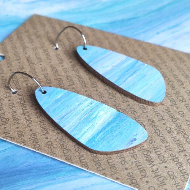 KAMI-SO- Recycled Paper Earrings - Oval Recycled Paper Earrings - Blue & White