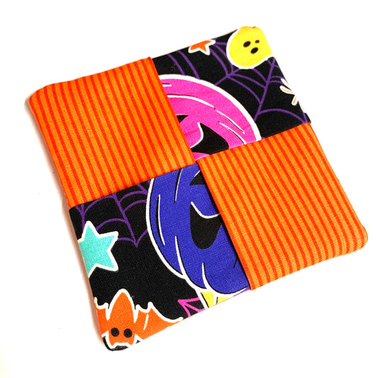 MUMMA WHOOPEE- SINGLE WINE GLASS SLIPPER/COASTERS- Halloween Pumpkin Web & Stripes