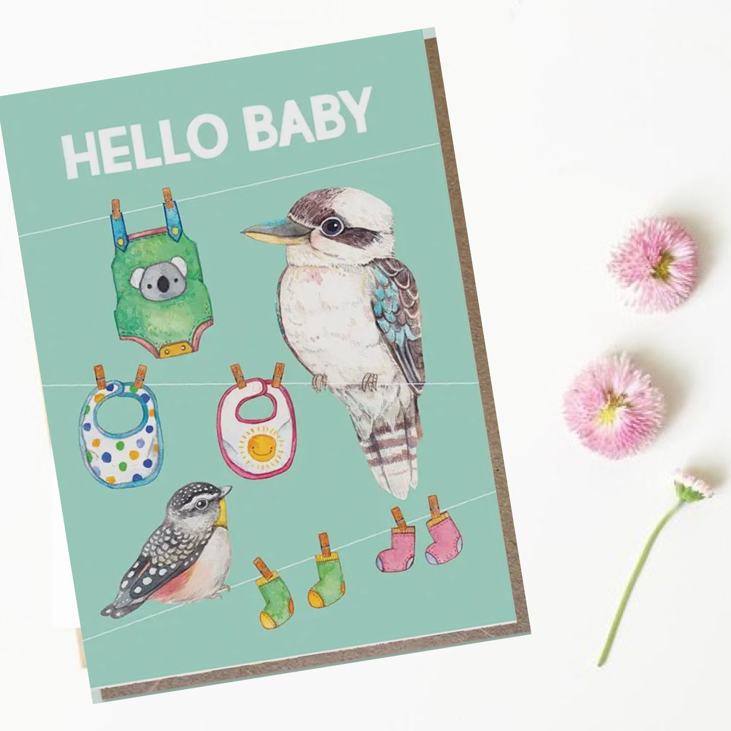 WATERCOLOURS BY CAT- "Hello Baby Kookaburra"- Baby Card