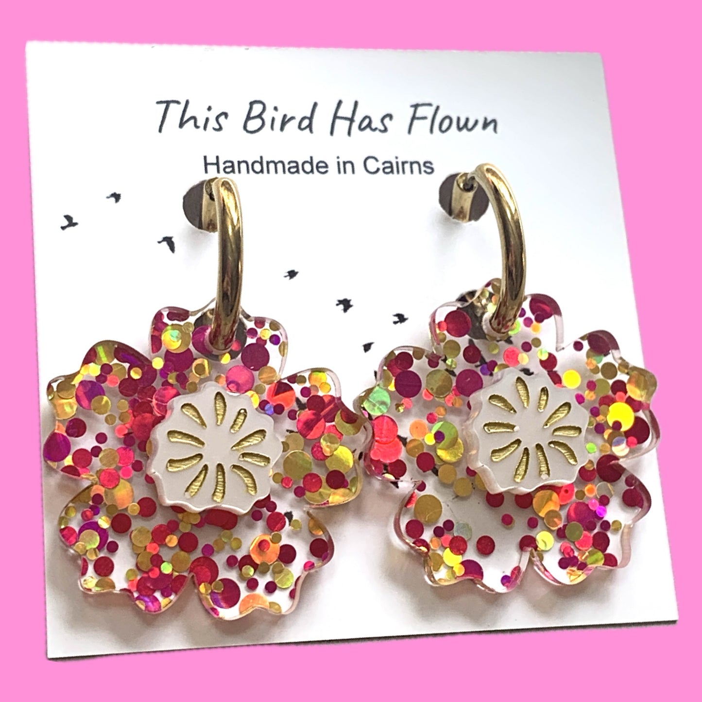 THIS BIRD HAS FLOWN - “Glitter Blooms- Pink & Gold” HUGGIE HOOP CHARM EARRINGS