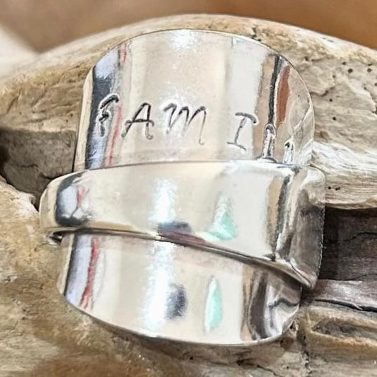 MOLLY MADE- Saddle Spoon Ring with Words #2- “Family”