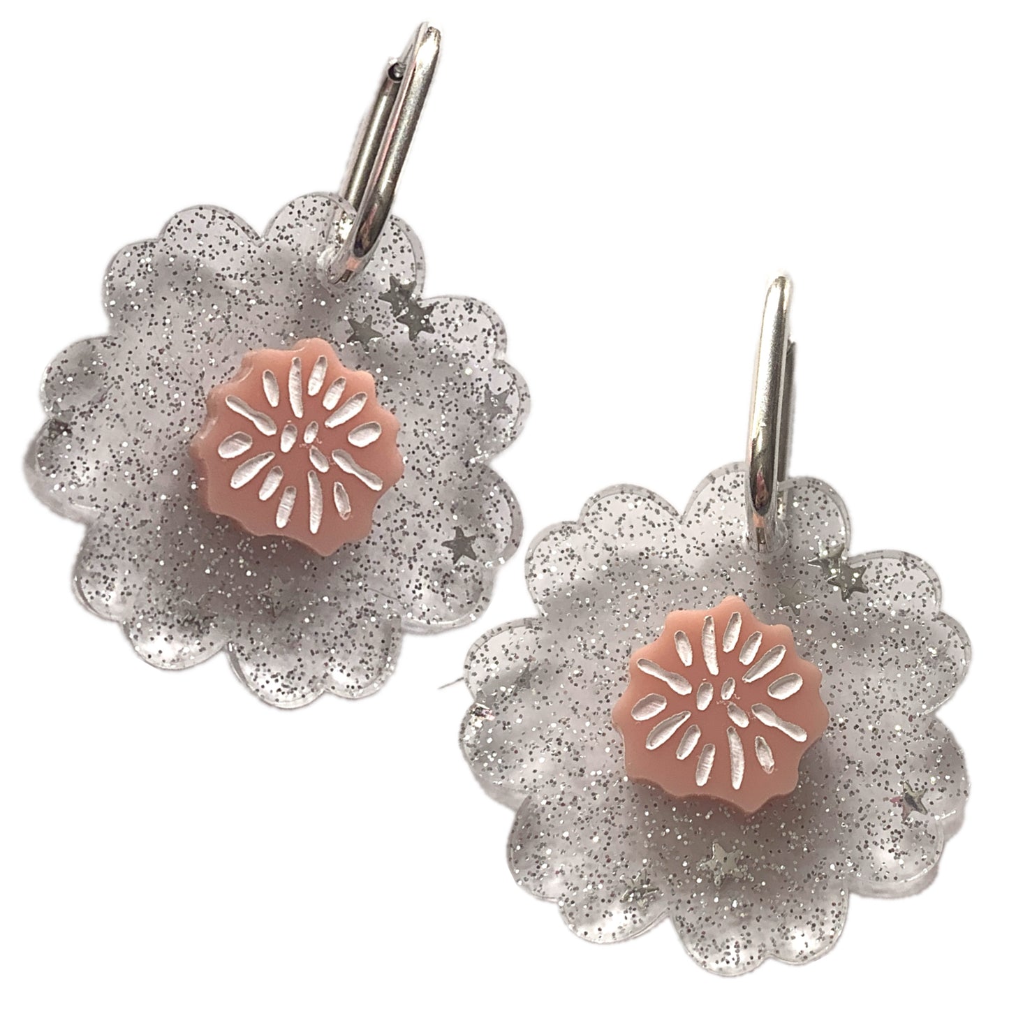 THIS BIRD HAS FLOWN - “Glitter Blooms- Silver” HUGGIE HOOP CHARM EARRINGS