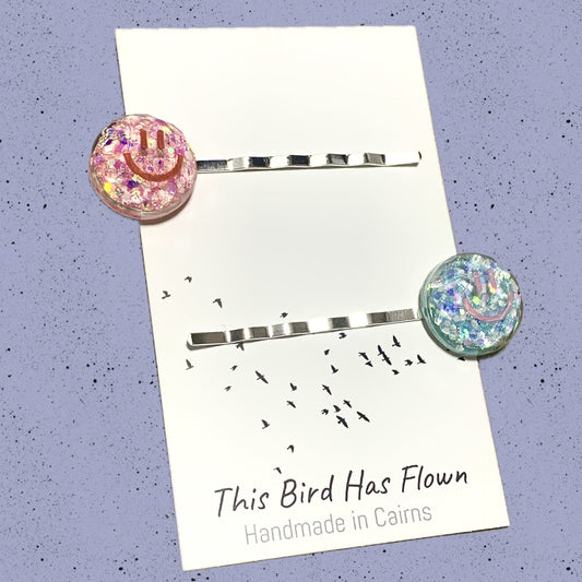 THIS BIRD HAS FLOWN - "Smiley Hairclips"- Blue & Peach