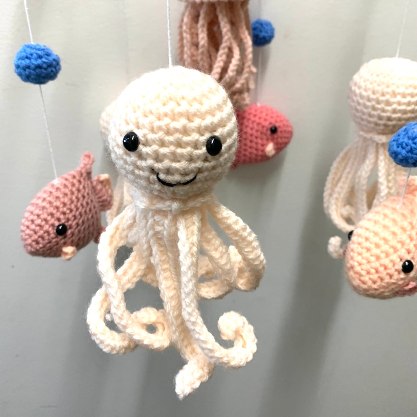 BEAKNITS- CROCHETED UNDER THE SEA MOBILE #2- Blue Ring with all Pink Creatures