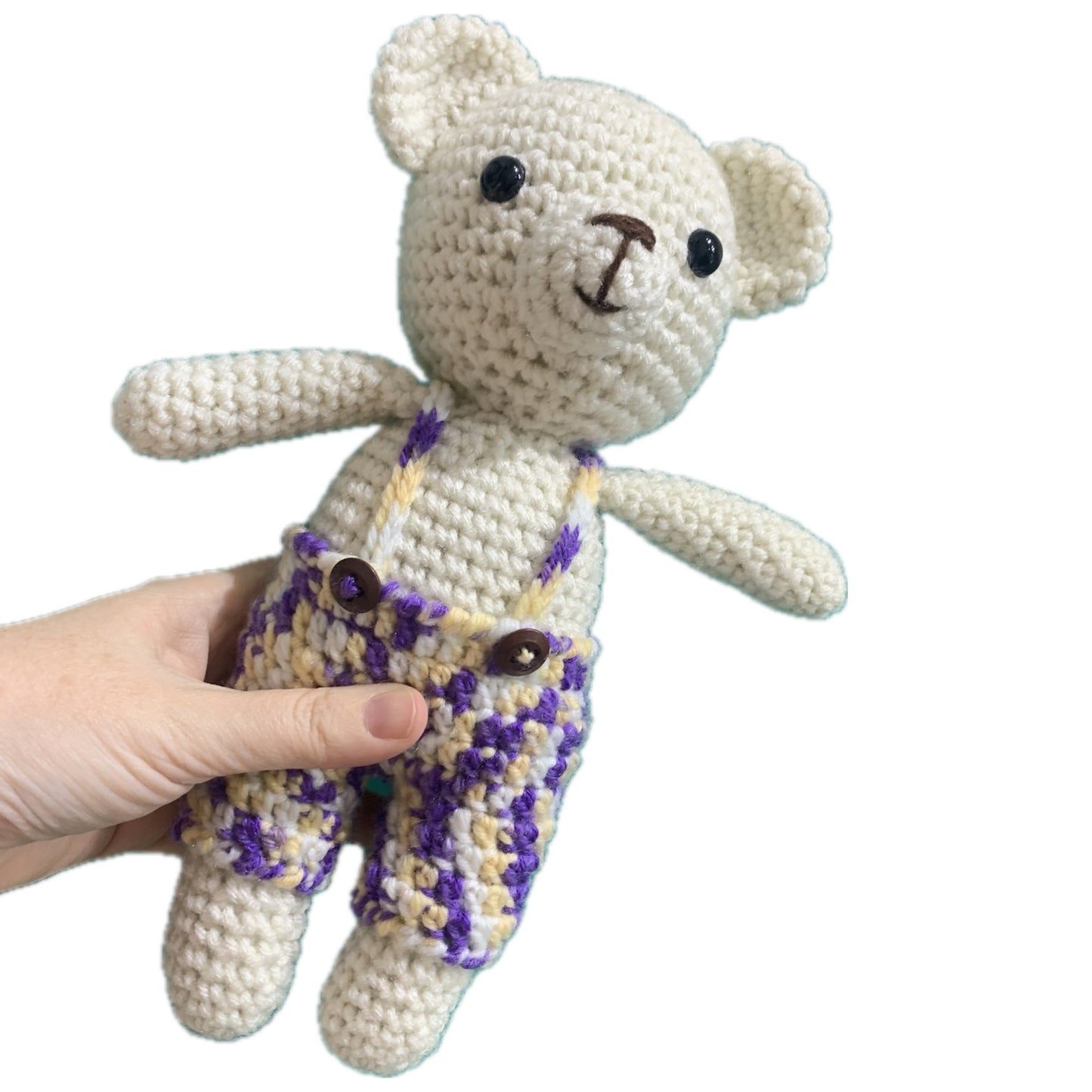 BEAKNITS- Crocheted Teddy Bear- Purple Overalls