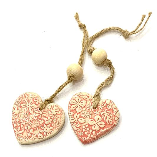 EARTH BY HAND- Clay Heart Decorations- Red Embossed & One Bead