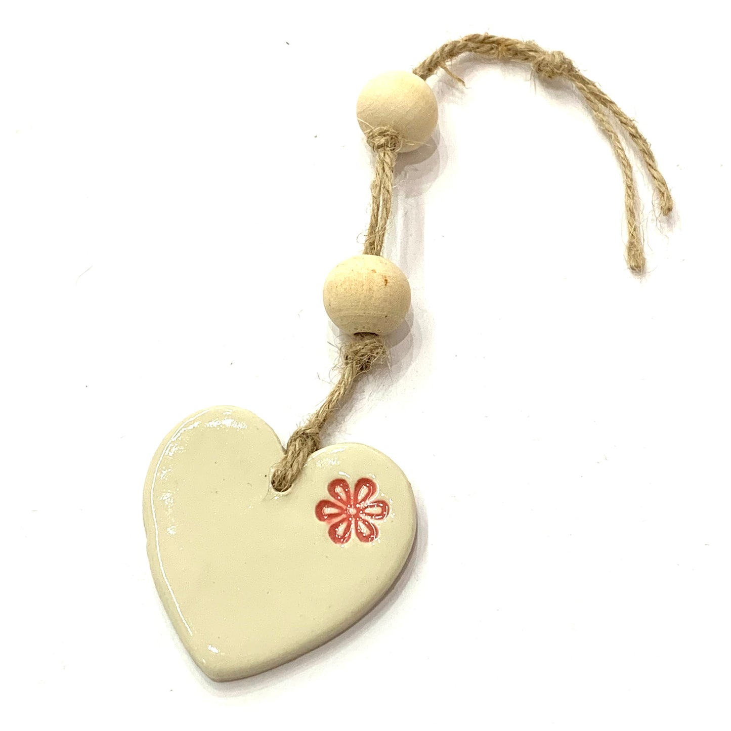 EARTH BY HAND- Clay Heart Decorations- Stamped Flower & Two Beads