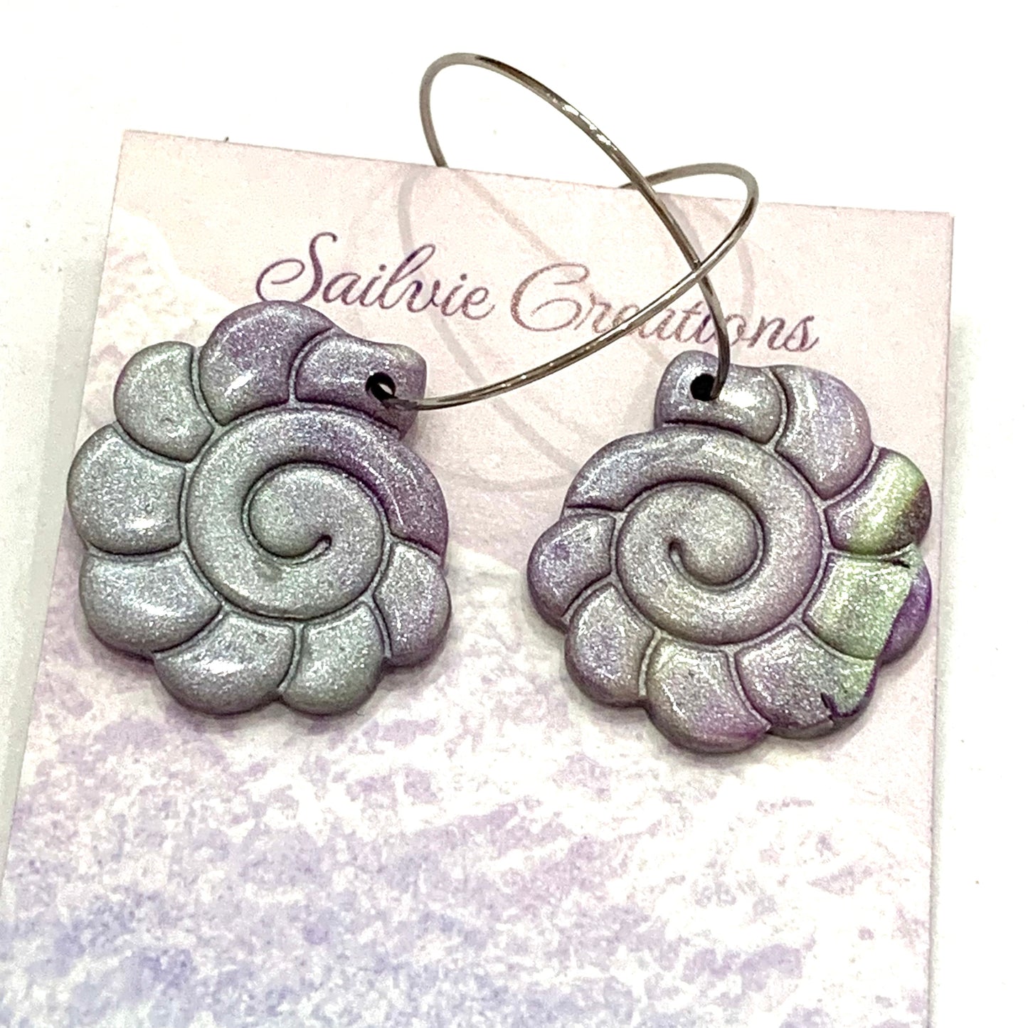 Sailvie Creations - Silver/ Purple Shell Hoop Dangle Earrings