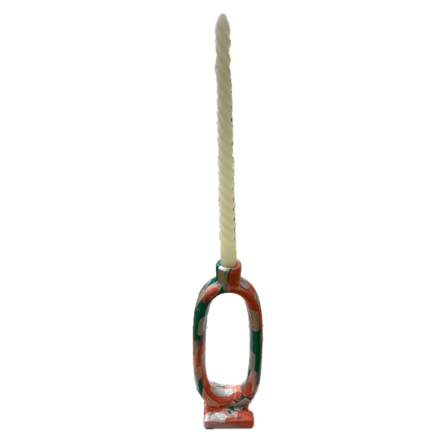 THIS BIRD HAS FLOWN - Tall Candle Holder- Peach, Green & Silver Abstract- Candle Included