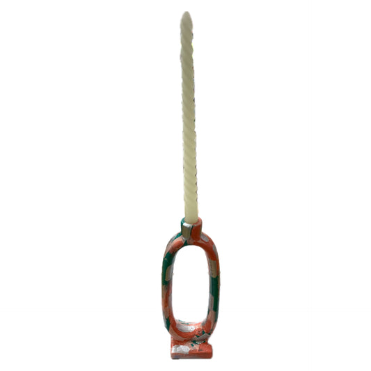 THIS BIRD HAS FLOWN - Tall Candle Holder- Peach, Green & Silver Abstract- Candle Included