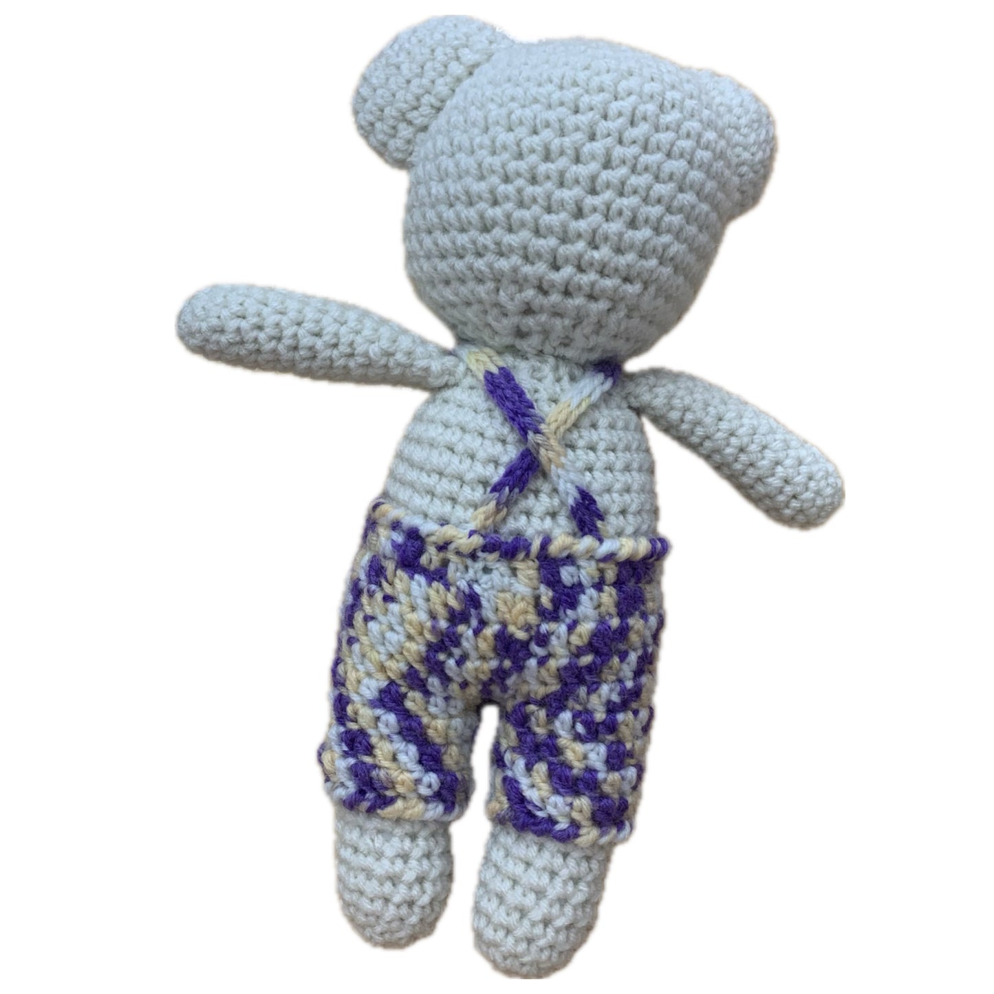 BEAKNITS- Crocheted Teddy Bear- Purple Overalls