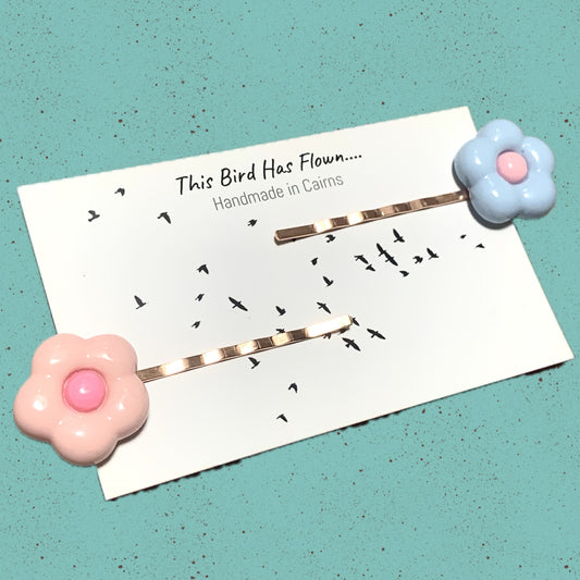 THIS BIRD HAS FLOWN - "Flower Power Hairclips"- Blue & Pink