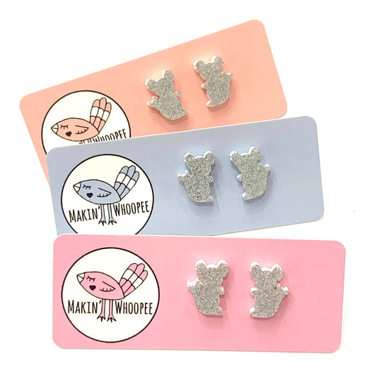 MAKIN' WHOOPEE - Little Aussies- "Koala" Stud Earrings - Silver Glitter