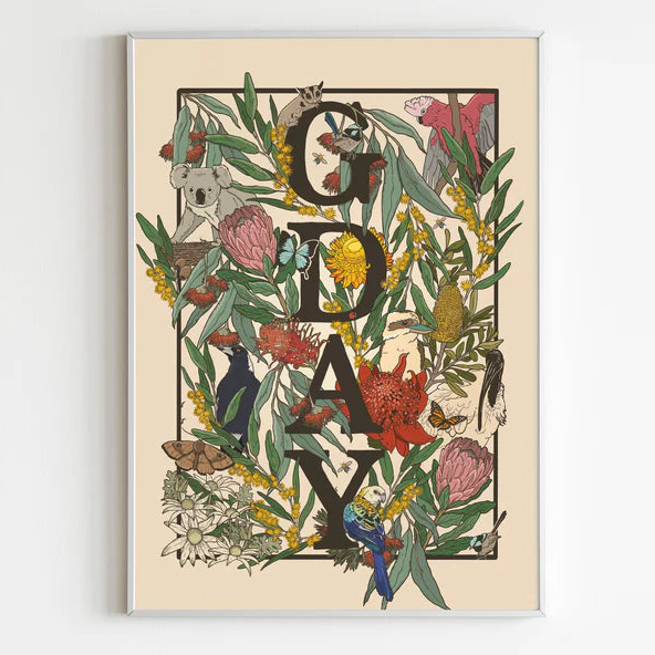 Decorative poster with 'G'DAY' text surrounded by Australian flora and fauna on a beige background.