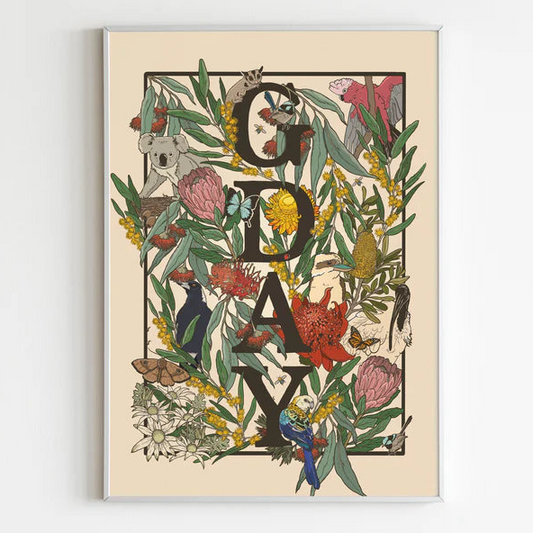 Decorative poster with 'G'DAY' text surrounded by Australian flora and fauna on a beige background.