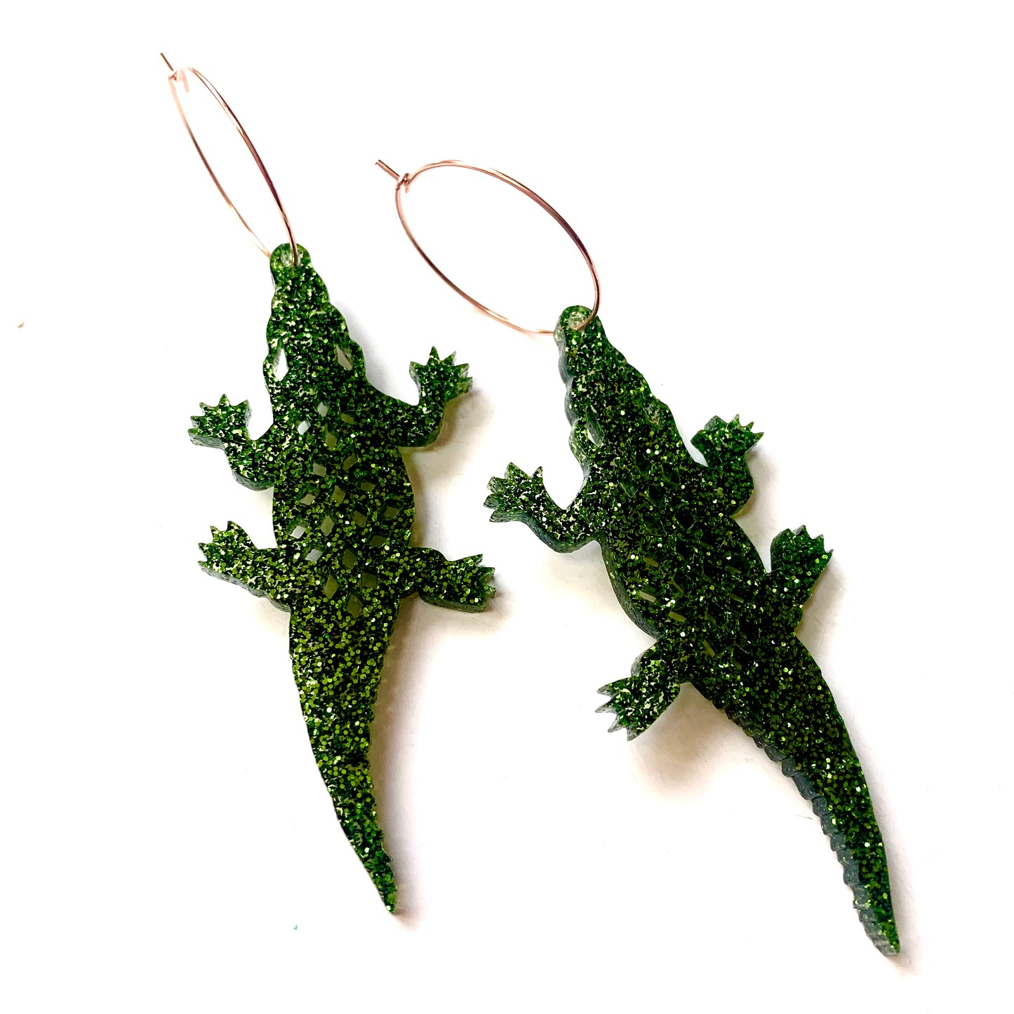 THIS BIRD HAS FLOWN - “Crocodile- Green Glitter” HOOP DANGLE EARRINGS