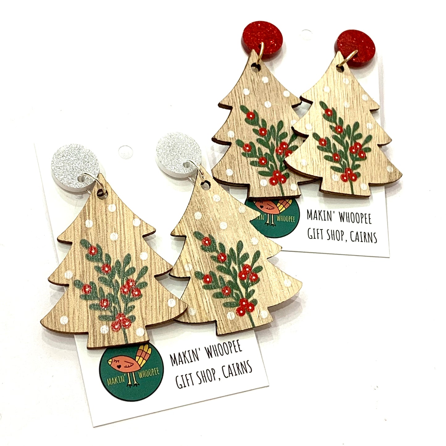 MAKIN' WHOOPEE - “Timber Trees- Silver Top” CHRISTMAS STUD DANGLES