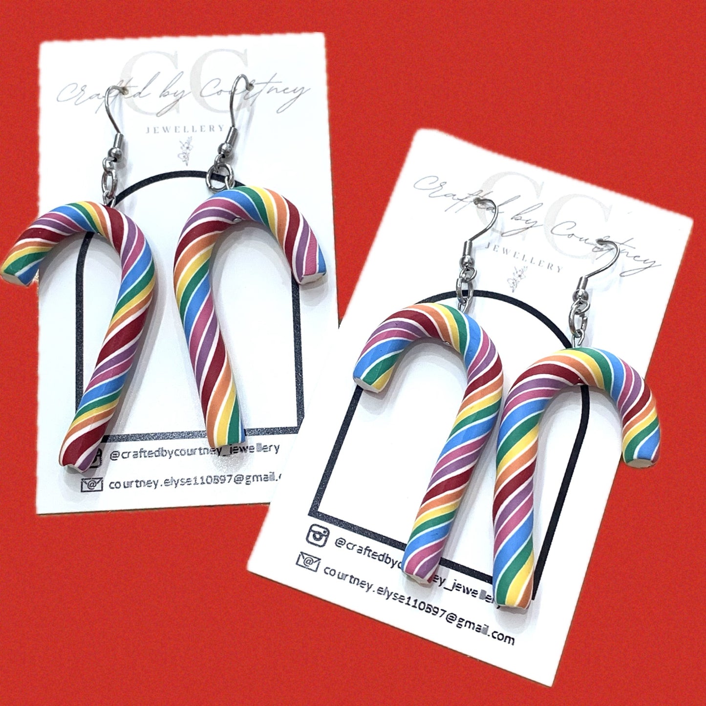 CRAFTED BY COURTNEY- "Jumbo Rainbow Candy Canes"- Christmas Hook Dangles