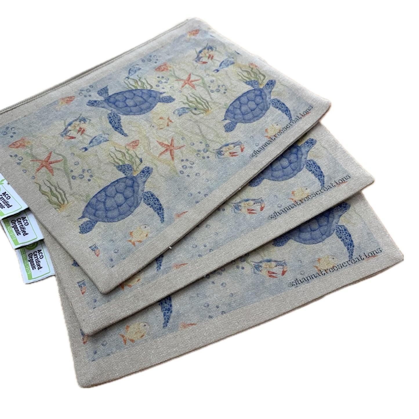 Shanna Trees Creations- "Turtles" Organic Cotton Zip Pouches- Natural