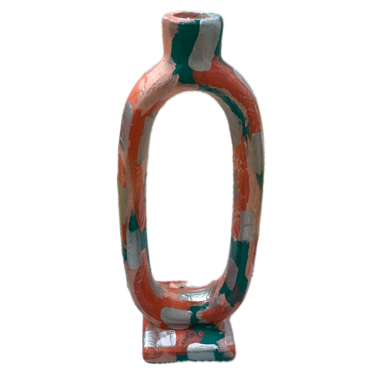 THIS BIRD HAS FLOWN - Tall Candle Holder- Peach, Green & Silver Abstract- Candle Included