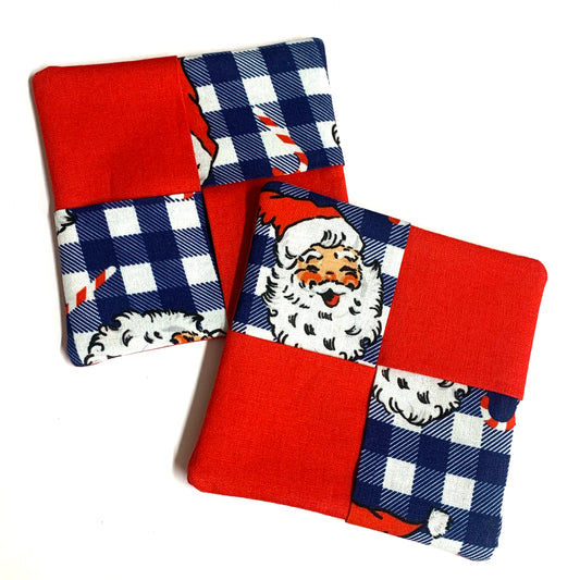 MUMMA WHOOPEE- SINGLE CHRISTMAS WINE GLASS SLIPPER/COASTERS- Blue Check Santa & Red