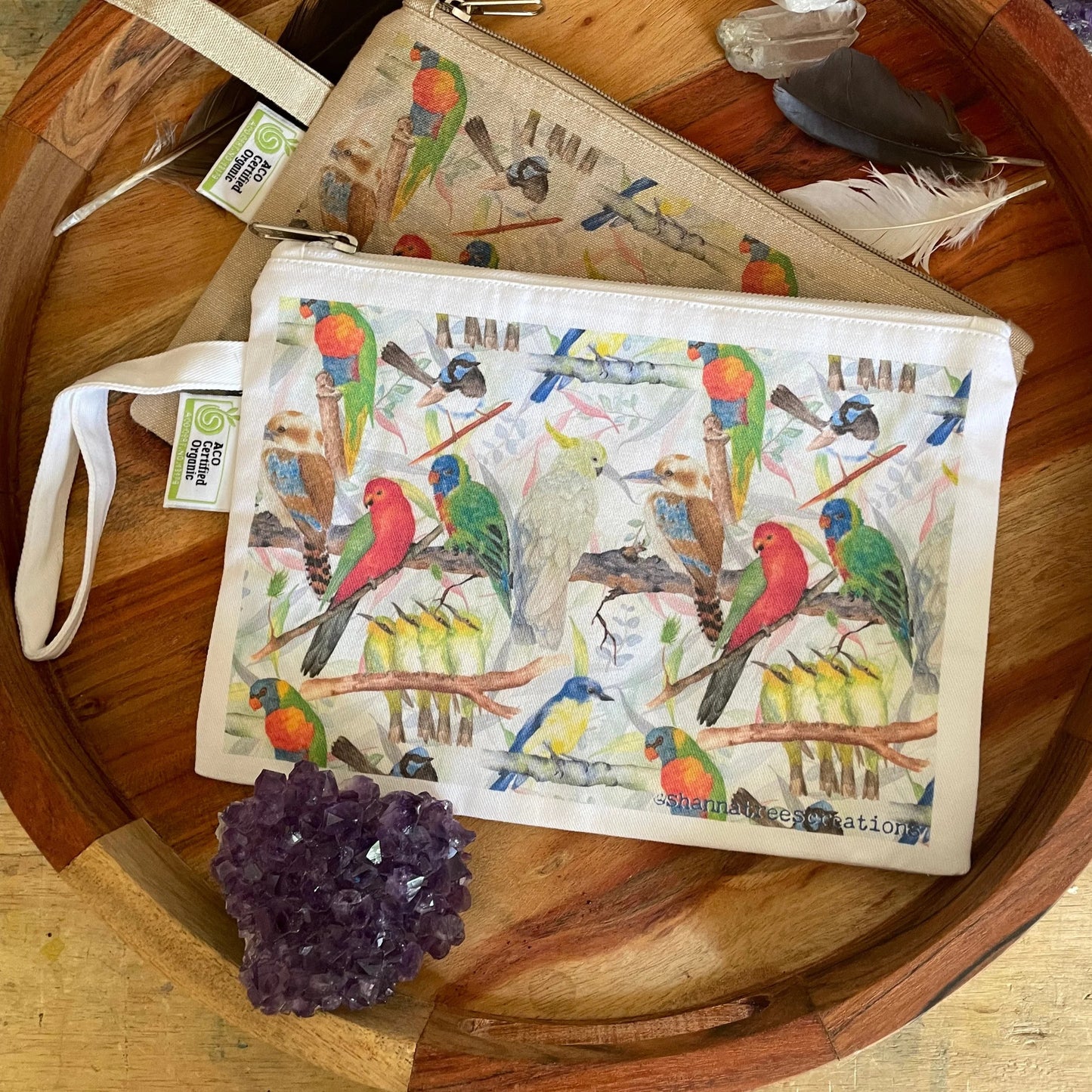 Shanna Trees Creations- "Australian Birds" Organic Cotton Zip Pouches- White
