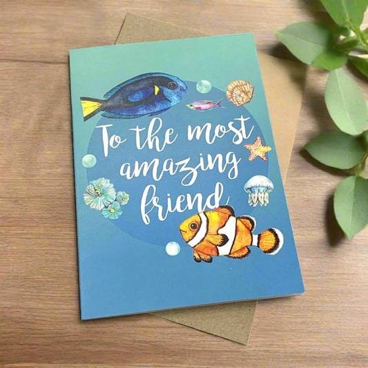 WATERCOLOURS BY CAT- Amazing Friend Greeting Card- Blue Tang & Clown Fish (Dory & Marlin)