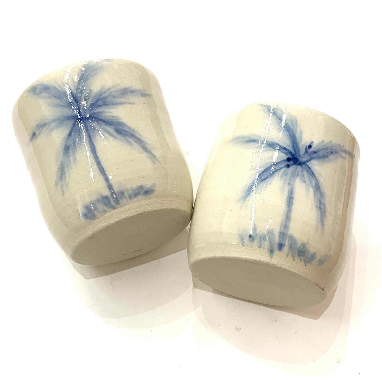 EARTH BY HAND- Espresso/Piccolo Cups- White Clay with Blue Palm Trees