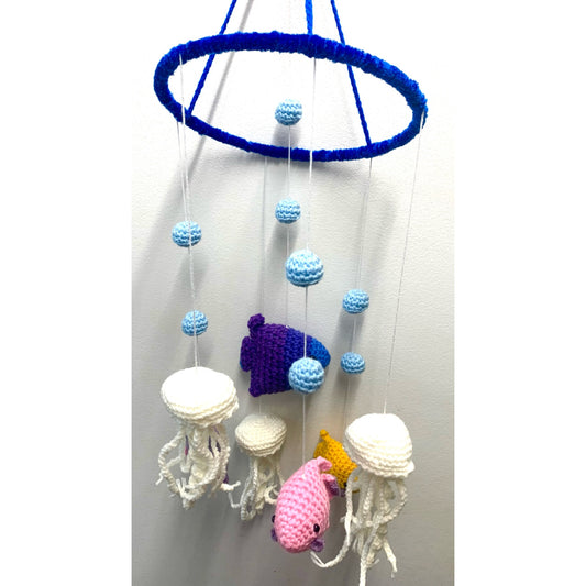 BEAKNITS- CROCHETED UNDER THE SEA MOBILE- Dark Blue Ring, Pale Blue Bubbles & Pink, Yellow & Purple Fish