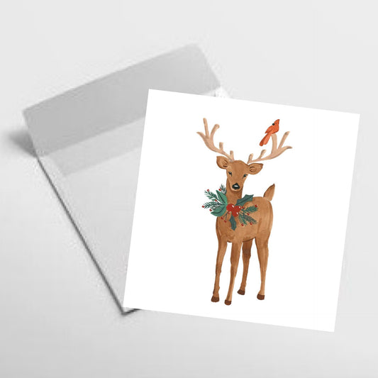 NUOVO - "REINDEER & BIRD FRIENDS" SMALL CHRISTMAS SQUARE CARD