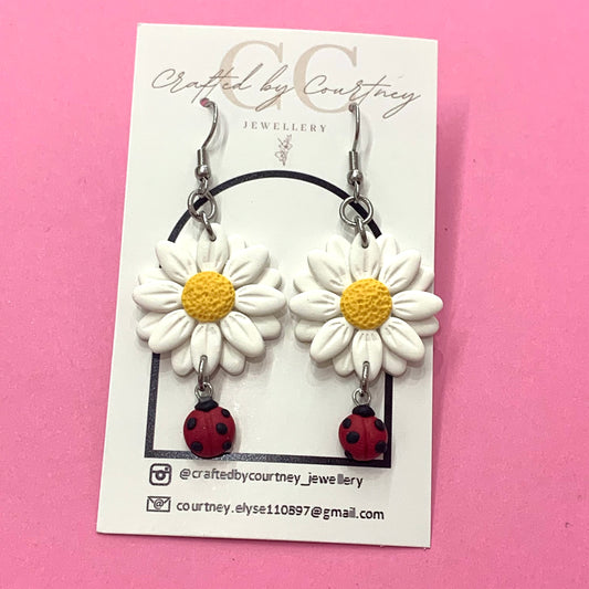 CRAFTED BY COURTNEY- White Daisy & Ladybird Hook Earrings