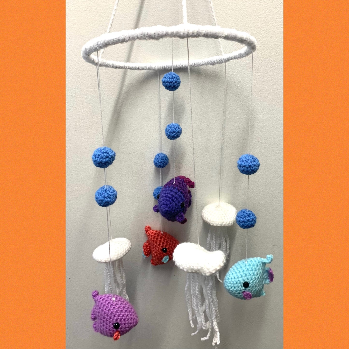 BEAKNITS- CROCHETED UNDER THE SEA MOBILE #3- White Ring & Purple Fish