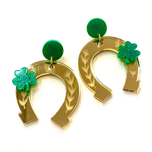 MAKIN' WHOOPEE - Lucky Horseshoe & Shamrock Dangle Earrings