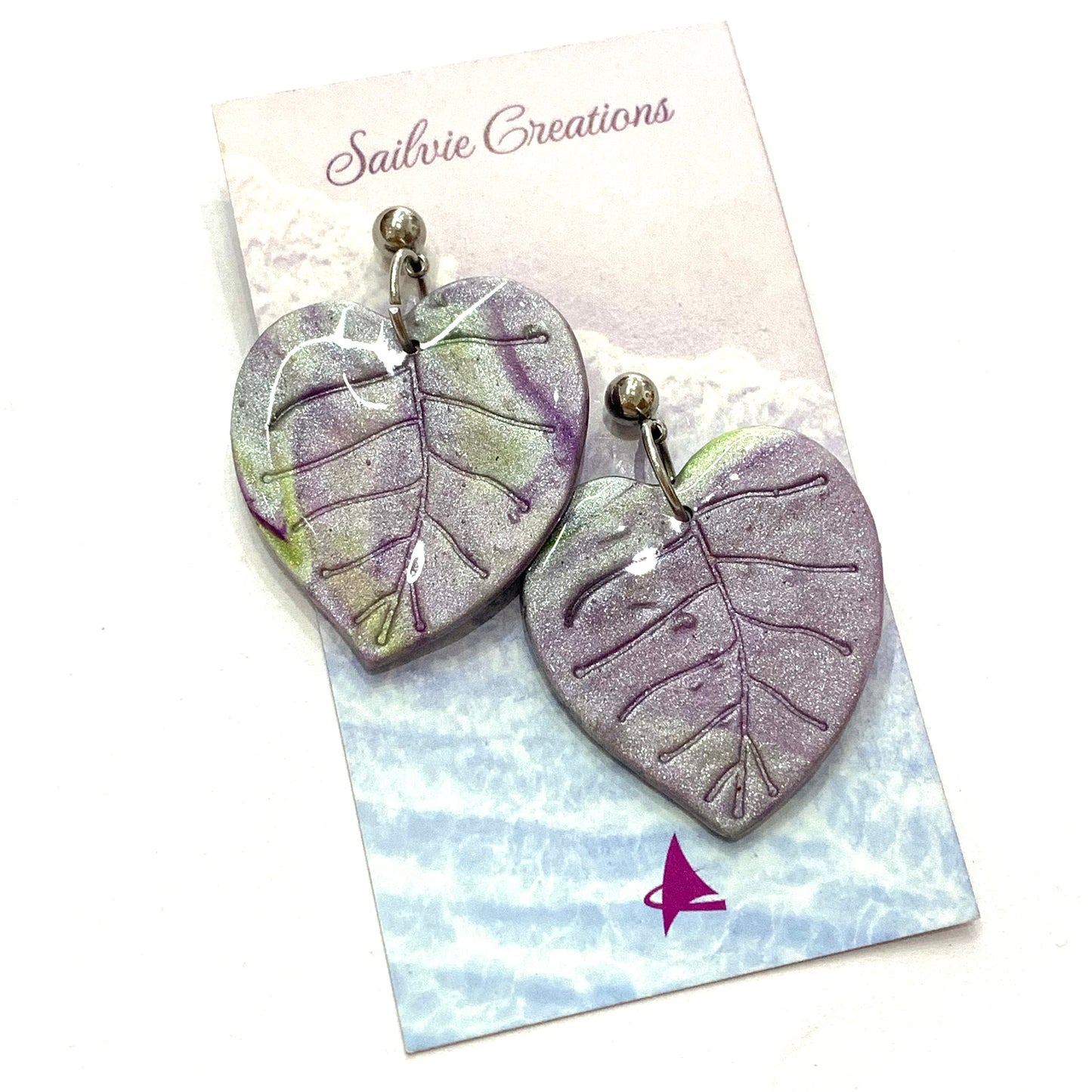 Sailvie Creations - Purple/Silver Leaf Ball Stud Dangle Earrings